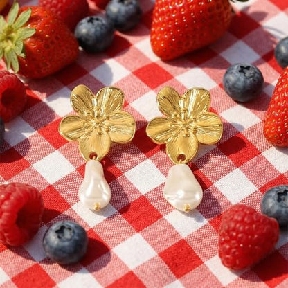Chunky Gold Plated Flower Statement Drop Earrings for Women | Hypoallergenic 18K Gold Plated Textured Petal Wing, Large Statement Dangle Earrings for Wedding Party - color: Gold Flower Pearl-B