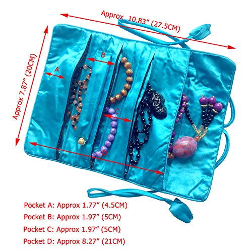 Travel Jewelry Roll Bag - Silk Embroidered Brocade Pouch for Rings, Necklaces, Earrings, Bracelets | Lightweight & Tie Closure (Sky Blue) - color: Sky Blue