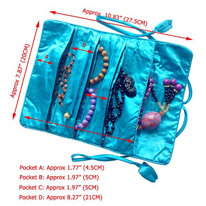 Travel Jewelry Roll Bag - Silk Embroidered Brocade Pouch for Rings, Necklaces, Earrings, Bracelets | Lightweight & Tie Closure (Sky Blue) - color: Sky Blue