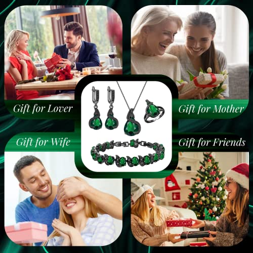GZWHD Jewelry Set for Women Water Drop Cubic Zirconia Artificial Crystal Earrings Pendant Necklace Open Ring Tennis Bracelet Wedding Anniversary Birthday Engagement Gift for Bridesmaid Wife Girlfriend Friend - color: Black Gun-Green