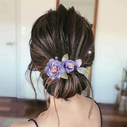 Wedding Hair Clips, Crystal Hair Pins Pearl Rhinestone Hair Barrettes, Bridal Flower Hair Pieces Pearl Headpieces Hair Accessories for Women Girls (Purple&Green) - color: Purple&Green