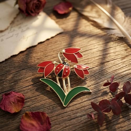 Nature Inspired Tulip Ladybug Enamel Lapel Pin Delicate Floral Brooch Creative Women Fashion Jewelry for Dress Scarf Suit Bag Clothing Accessories Gift - color: Red