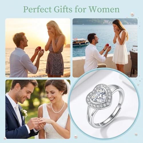 AOBOCO Heart Shaped Open Promise Ring for Women, White Cubic Zirconia Halo Adjustable Ring, Elegant Love Design, 925 Sterling Silver
