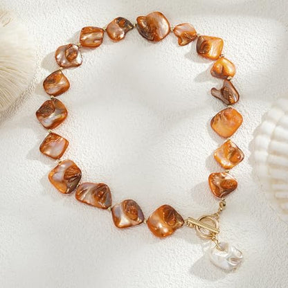 Boho Chunky Shell Necklace for Women Baroque Pearl Pendant Necklaces Irregular Shell Beaded Choker Necklace Trendy Vacation Jewelry Accessories - color: Brown