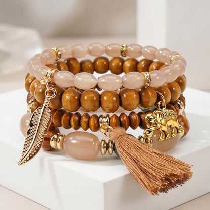 Boho Wooden Beads Bracelets Bohemian Bracelet Stack for Men Women Wood Beaded Bracelet Set - color: T