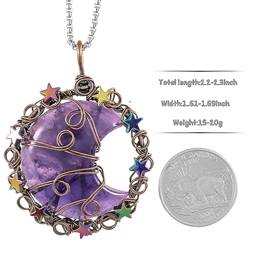 TUMBEELLUWA Crescent Moon Star Crystal Necklace for Women Men | Copper Wire Wrapped Crystal Necklace, Reiki Healing Crystals Necklace, Adjustable Waxed Cord, Celestial Whimsygoth Jewelry