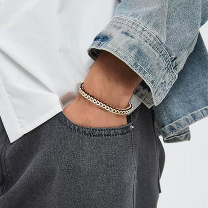 18K Gold-Plated Bracelets for Men Franco Link Chain Adjustable | Stainless Steel Bracelet, Gold Beads Bracelet, Handcrafted Braided, Mens Jewelry Birthday Gift for Men - color: Gold with Card Son