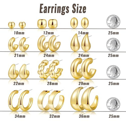12 Pairs Chunky Gold Hoop Earrings for Women Trendy, Gold Plated Lightweight Hypoallergenic Stack, Thick Open Twisted Huggie Hoops Earring Set - color: 12 Pairs Gold Hoop