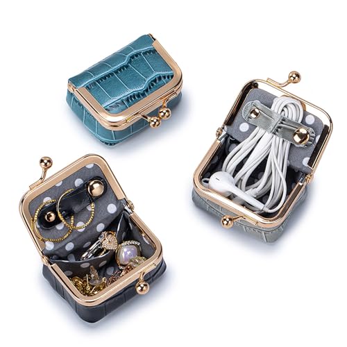 Genuine Leather Mini Jewelry Box & Coin Purse for Women, Travel Jewelry Case with Kiss Lock, Holds Earrings, Rings, Necklace, Bracelet, Coins (Storm Blue Crocdile Pattern) - color: Storm Blue Crocdile Pattern