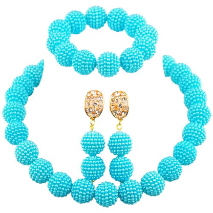 Nigerian Wedding African Beads Jewelry Set Women Simulated Pearl Necklace and Earrings - color: Lake Blue