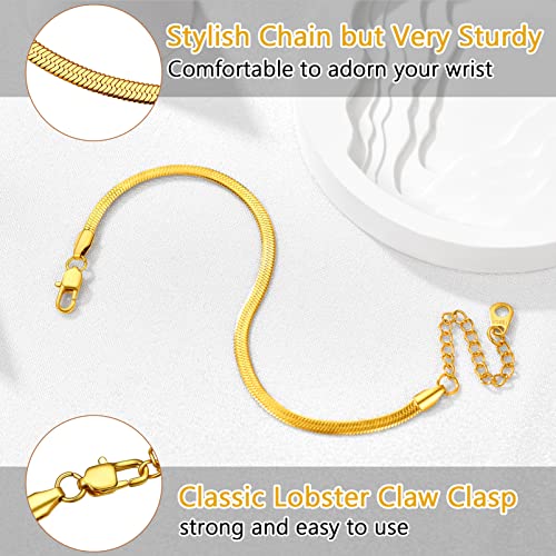 PROSTEEL 316L Stainless Steel Herringbone Flat Chain Bracelets/Anklets, Beautiful Summer Jewelry, Black/Yellow Gold/Rose Gold Plated, 6.3inch/8.5inch Adjustable, Come Box - color: Gold