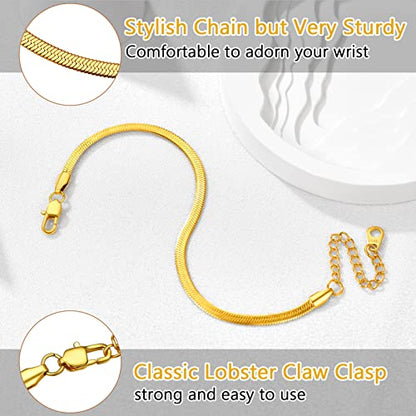 PROSTEEL 316L Stainless Steel Herringbone Flat Chain Bracelets/Anklets, Beautiful Summer Jewelry, Black/Yellow Gold/Rose Gold Plated, 6.3inch/8.5inch Adjustable, Come Box - color: Gold