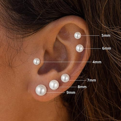 6 Pairs Hypoallergenic Flat Back Earrings for Women Girls,Stud Earring Set | Cartilage Earrings for Sensitive Ears,Cubic Zirconia Ball Pearl Earring,Screw Back Helix Conch Piercing Sets,Jewelry Gifts - color: Pearl-Sliver-Plated