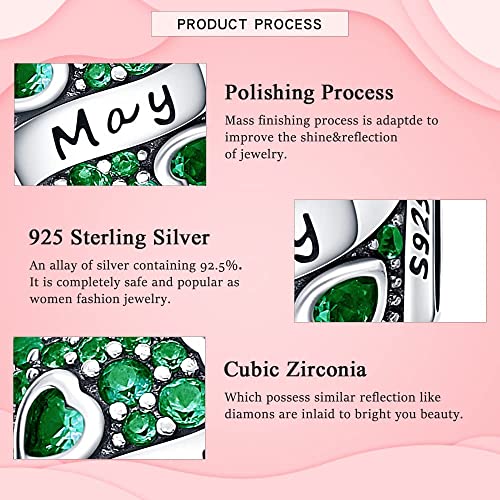 HappyStar 925 Sterling Silver Month Birthstone Charm for Bracelets Necklace，with 5A Cubic Zirconia Dangle Pendant Bead,Happy Birthday Valentine's Day - color: 5-May Birthstones