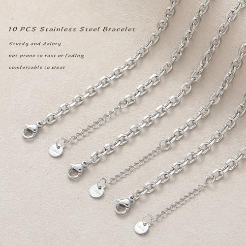 10 PCS Bracelets for Women Stainless Steel Chain Link Bracelet Set | 6.7 Inches with Extender, Jewelry Gifts for DIY, Chains Bulk, Oval, Curb, Figaro Chains, 18K Gold Plated, Silver, Chunky - color: Curb Silver