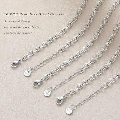 10 PCS Bracelets for Women Stainless Steel Chain Link Bracelet Set | 6.7 Inches with Extender, Jewelry Gifts for DIY, Chains Bulk, Oval, Curb, Figaro Chains, 18K Gold Plated, Silver, Chunky - color: Curb Silver