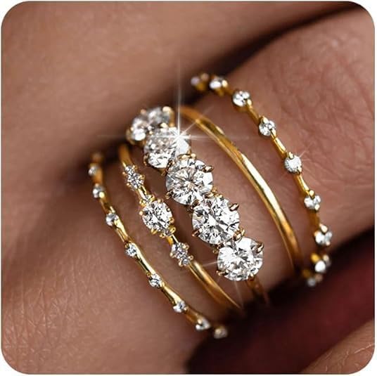 5PCS Gold Rings for Women, Statement Gold Knuckle Rings Set, Dainty 14K Gold Plated Stacking Cubic Zirconia Thumb Rings - size: 7