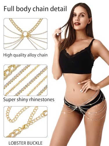 Rhinestone Body Chains Jewelry For Women And Girls Sexy Belly Waist Chain Bikini Beach Accessories Suitable for a Variety of Carnival scenes - style: Small-30INCH -GOLD