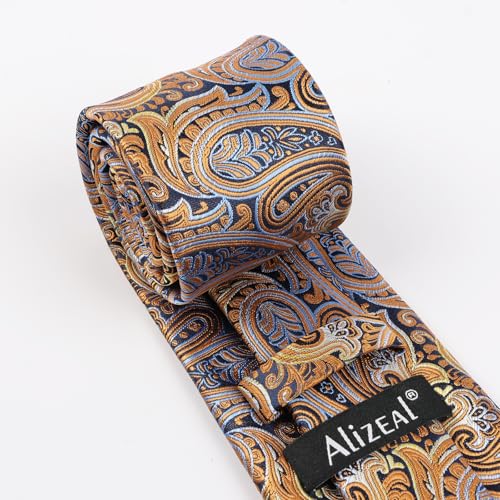 Alizeal Mens Gradient Paisley Necktie and Pocket Square Set | Elegant Design Perfect for Weddings Banquets Business Formal Events - color: 143-yellow Orange+blue