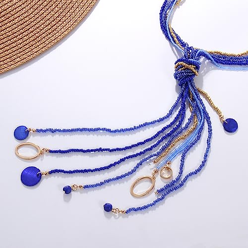 Coiris Long Seed Beaded Multi Strand Necklace,10 Multiple Statement Long Bib Necklace with Tie Knot for Women and Girls Jewelry - color: Royal Blue