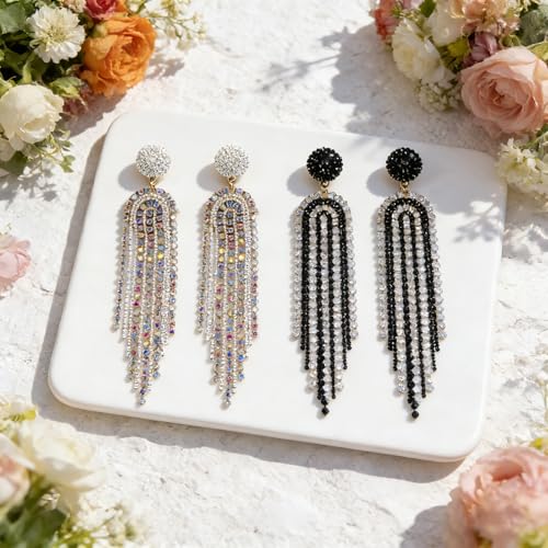 Fringe Dangling Tassel Earrings for Women, Handcrafted Chandelier Long Bohemian Beaded Cubic Zirconia Crystal Imitation Pearls Inlay Statement Boho Chain Hook Earrings for Wedding Party - color: White Black Fringe