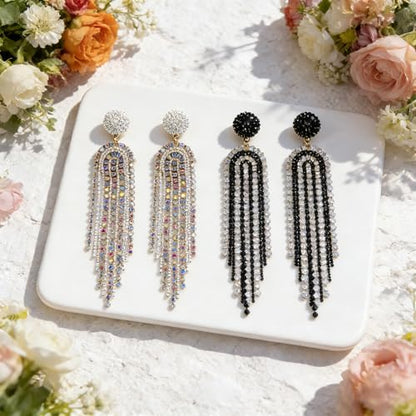 Fringe Dangling Tassel Earrings for Women, Handcrafted Chandelier Long Bohemian Beaded Cubic Zirconia Crystal Imitation Pearls Inlay Statement Boho Chain Hook Earrings for Wedding Party - color: White Black Fringe
