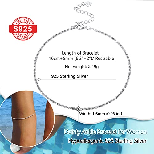 PROSILVER 925 Sterling Silver Ankle Bracelets For Women, Stylish Chain Anklets, Summer Beach Jewelry, 8.6-10.6 Inch Adjustable, Come with Box - style: 05 Twisted Rope Anklet-1.6mm
