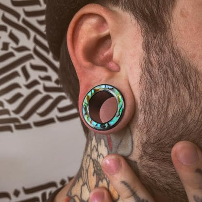 2 Pairs Abalone Pearl Shell Stainless Steel Ear Gauges Plugs and Tunnels, Size 2g - 1 inch Hypoallergenic Surgical Steel Ear Stretcher Expander Body Jewelry - color: BO1651 Black, size: 16 mm (5/8 inch)