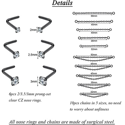 PunkTracker 20G Nose Rings 2mm 2.5mm 3mm CZ Nose Studs | with Chains Surgical Steel Nose Piercing Jewelry Nose Ring Studs - style: Black, L-Shape