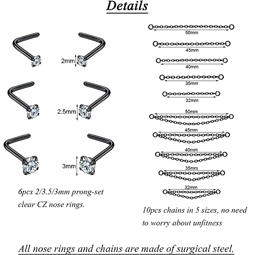 PunkTracker 20G Nose Rings 2mm 2.5mm 3mm CZ Nose Studs | with Chains Surgical Steel Nose Piercing Jewelry Nose Ring Studs - style: Black, Nose Studs