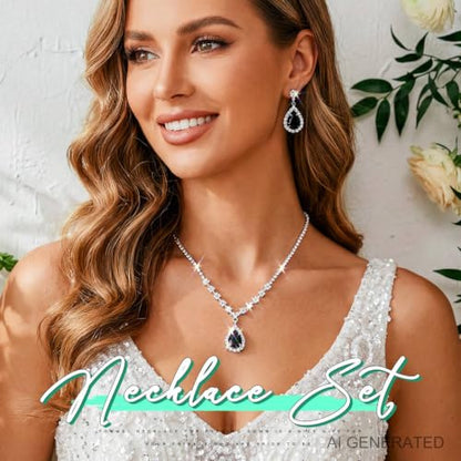 JAKAWIN Clip On Earrings and Necklace Set Silver Rhinestone Jewelry Sets - color: 3 Black