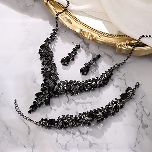 Wedding Bridal Necklace Earrings Jewelry Set for Women | Gorgeous Austrian Crystal Teardrop Flower Cluster for Bridal Bride Bridesmaid - color: 3Pcs-Black Black-Tone