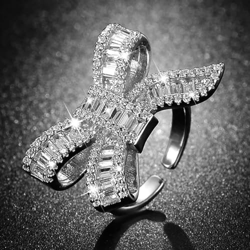 Sparkly Rhinestone Bow Rings for Women Adjustable Cocktail Statement Finge Ring Pave Crystal Bow Open Ring Promise Engagement Wedding Party Jewelry - style: Silver