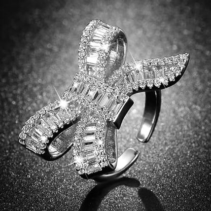 Sparkly Rhinestone Bow Rings for Women Adjustable Cocktail Statement Finge Ring Pave Crystal Bow Open Ring Promise Engagement Wedding Party Jewelry - style: Silver