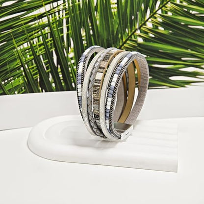 ZMANYIJEW Leather Wrap Bracelets for Women,Boho Cuff Bracelets Multi-Layer Crystal Beads Cuff Bracelet Multilayered Leopard Leather Braided Bangle Wrist Cuff Bangles - style: grey