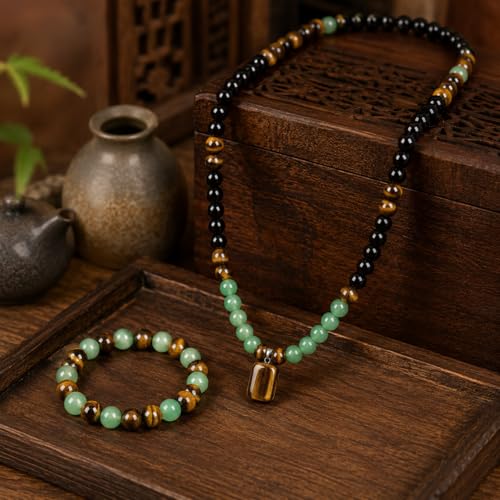 Money Bracelets Necklace Jewelry Set for Women Men Jade Crystal Tiger Eye Obsidian Beaded Necklace Feng Shui Good Luck Money Bracelet Wealth Attraction Accessories Outfits Protection Jewelry Gifts - color: A2