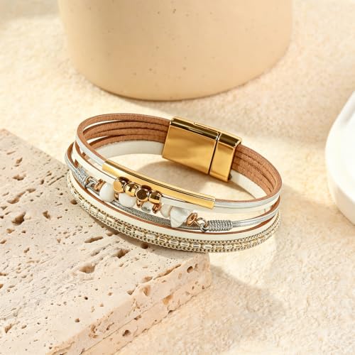 Wrapped Bracelets for Women,Leather Boho Bracelets for Women - color: Stone-White