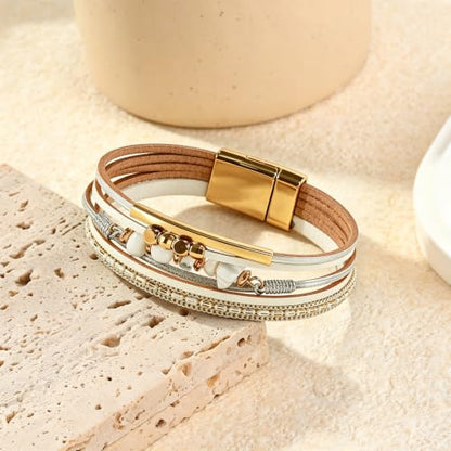 Wrapped Bracelets for Women,Leather Boho Bracelets for Women - color: Stone-White