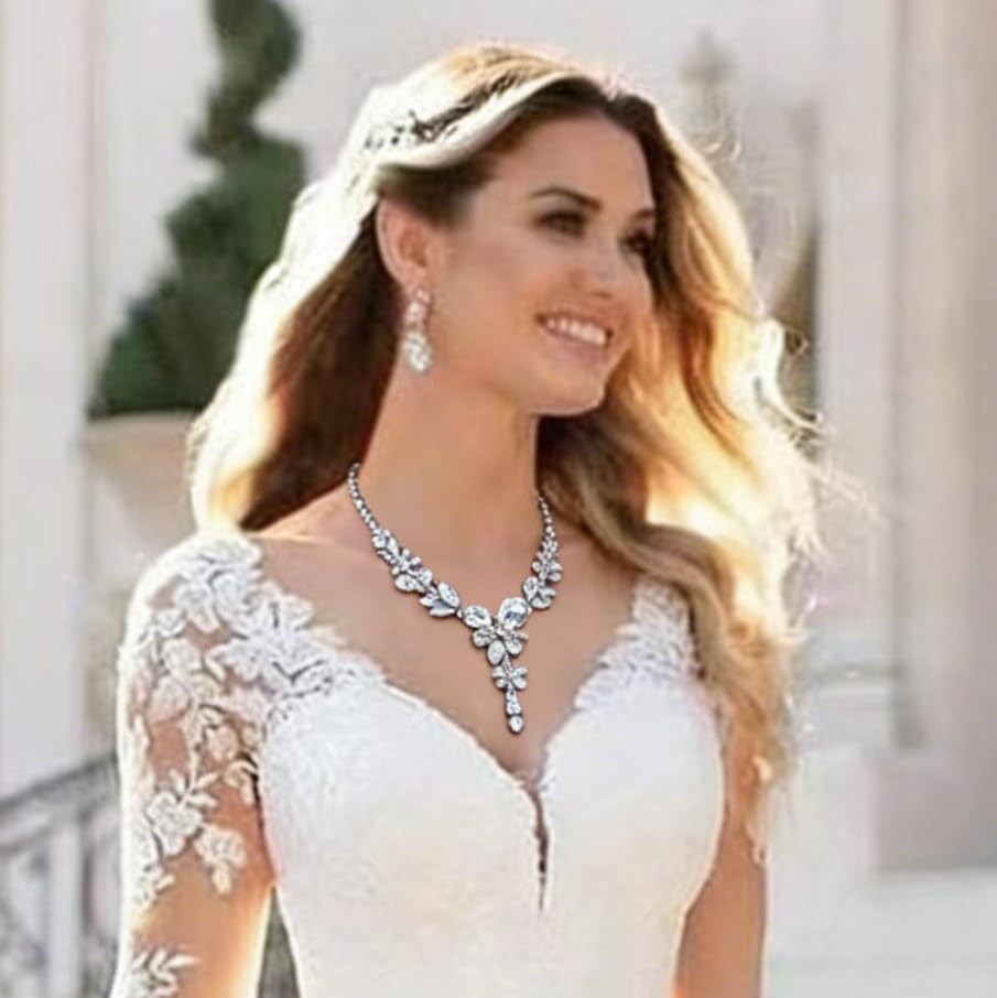 Rhinestone Crystal Bridal Necklace Floarl Art Deco Teardrop Collar Necklace Dangle Earrings Jewelry Set for Women - color: Silver