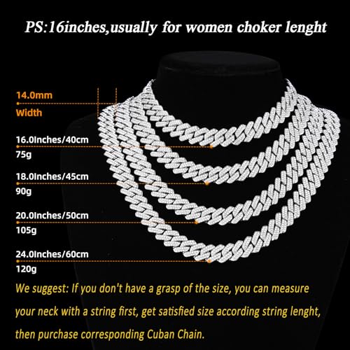Mens Cuban Link Chain Miami Cuban Necklace 18K Gold Silver Chain For Men Women 14mm Iced Out Hip Hop Jewelry - color: 14K White Gold, size: 24 inches