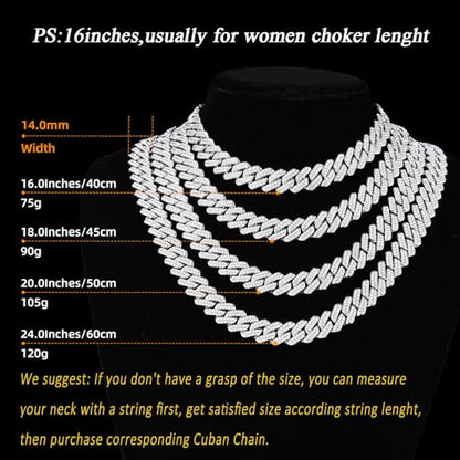 Mens Cuban Link Chain Miami Cuban Necklace 18K Gold Silver Chain For Men Women 14mm Iced Out Hip Hop Jewelry - color: 14K White Gold, size: 20 inches