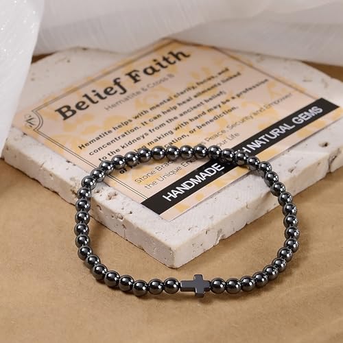 MASSIVE BEADS Handmade Yoga Stretch Elastic Bracelet Natural Stone Crystal Healing Power Energy Gifts for Unisex Adult 4mm 6mm 8mm 10mm - color: BELIEF FAITH(Hematite and Cross B), size: 4mm