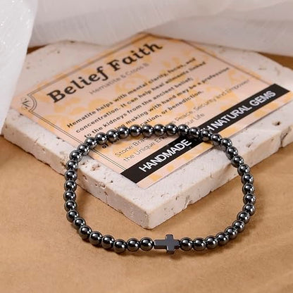 MASSIVE BEADS Handmade Yoga Stretch Elastic Bracelet Natural Stone Crystal Healing Power Energy Gifts for Unisex Adult 4mm 6mm 8mm 10mm - color: BELIEF FAITH(Hematite and Cross B), size: 4mm