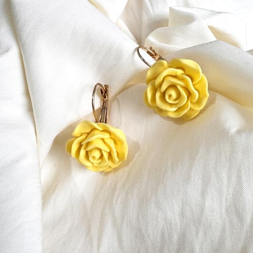 Handmade Bohemian Aesthetic Dainty Acrylic Flower Petal Leverback Earrings Sparkly 14K Gold Floral Dangle Drop Earrings for Women - color: Yellow