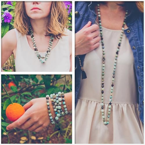 Aobei Pearl 8mm Round Natural Amazonite/Irregular Turquoise Long Beaded Necklace Wrap Bracelet Handmade Gemstone Jewelry for Women Men - style: Amazonite-47"