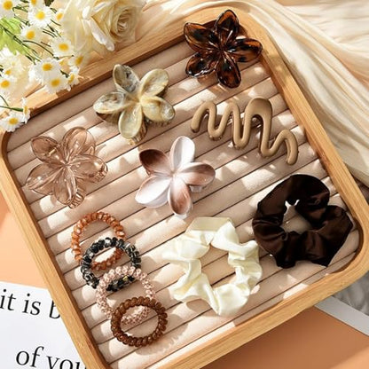 11 Pcs Hawaiian Plumeria Flower Hair Accessories Set, Resin Hair Claw Clips, Large Scrunchies, Coil Hair Ties for Thick & Thin Hair, Tropical Floral Hair Styling