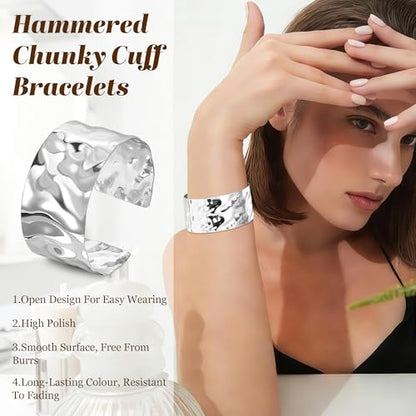6 Pieces Upper Arm Cuff Arm Band Cuff Bangle Bracelet for Women Hammered Chunky Bracelets Open Wide Wire Bracelets Minimalist Coil Bangle Set Gold Sliver Wrist Cuff Wrap Bracelet Adjustable - color: Silver Cuff Bracelets B