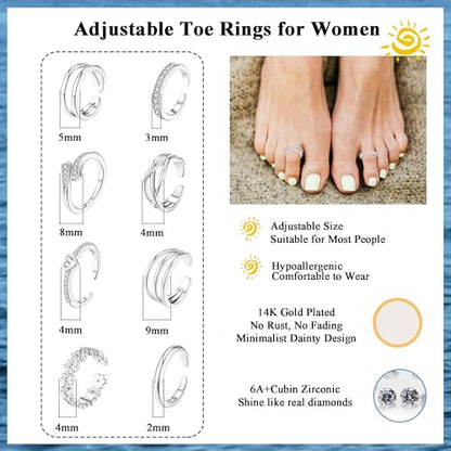 SAMOCO 8 Pcs Toe Rings for Women | Golden Silver Toe Ring Non Tarnish,Simple Open Adjustable Band Toe Rings Set,Beach Foot Toe Ring for Summer - color: Silver