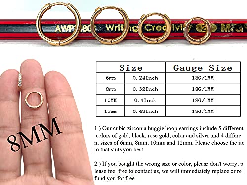 Hypoallergenic Unisex Surgical Steel Small Cubic Zirconia Huggie Hoop Earring, Color Gold - Silver - Rose Gold - Black - Rainbow, Size 6mm- 12mm Safe for Sensitive Ear - style: F01 : 8MM Rose Gold Hoops(2mm thickness)