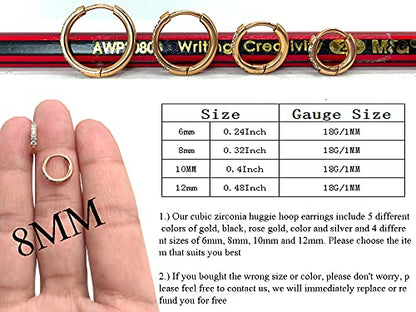 Hypoallergenic Unisex Surgical Steel Small Cubic Zirconia Huggie Hoop Earring, Color Gold - Silver - Rose Gold - Black - Rainbow, Size 6mm- 12mm Safe for Sensitive Ear - style: F01 : 8MM Rose Gold Hoops(2mm thickness)